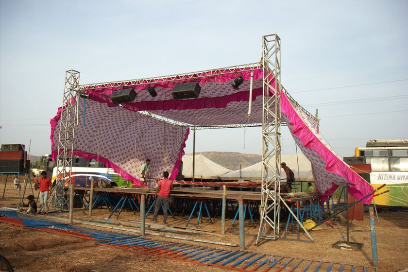 The tamasha stage being erected on 4 May 2018 in Karavadi village, Satara district, in western Maharashtra