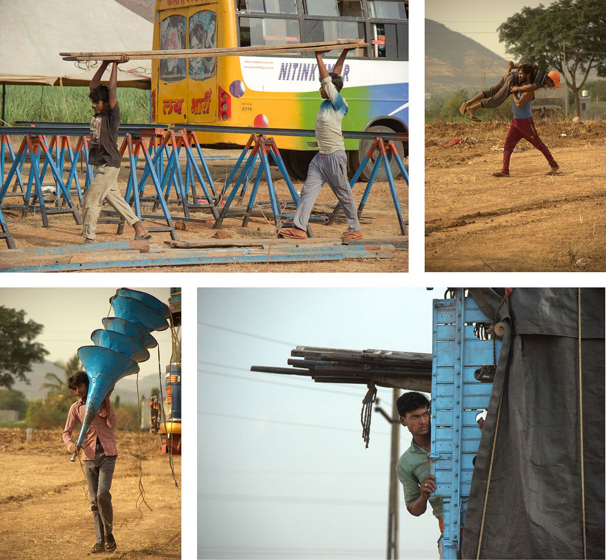 Top left-Labourers from Aumau village, Lucknow district, UP carry planks for the tamasha stage on 4 May 2018 in Karavadi village, Satara district, in western Maharashtra. 

Top right-Lallan Paswan from Aumau village, Lucknow district, UP playfully carries one of his friends while working on tents, on 4 May 2018 in Karavadi village, Satara district, in western Maharashtra. 

Bottom left- Aravind Kumar carries speakers on 4 May 2018 in Karavadi village, Satara district, in western Maharashtra. 

Bottom right- Shreeram Paswan, a labourer from Aumau village, Lucknow district, UP, during stage building time on 4 May 2018 in Karavadi village, Satara district, in western Maharashtra
