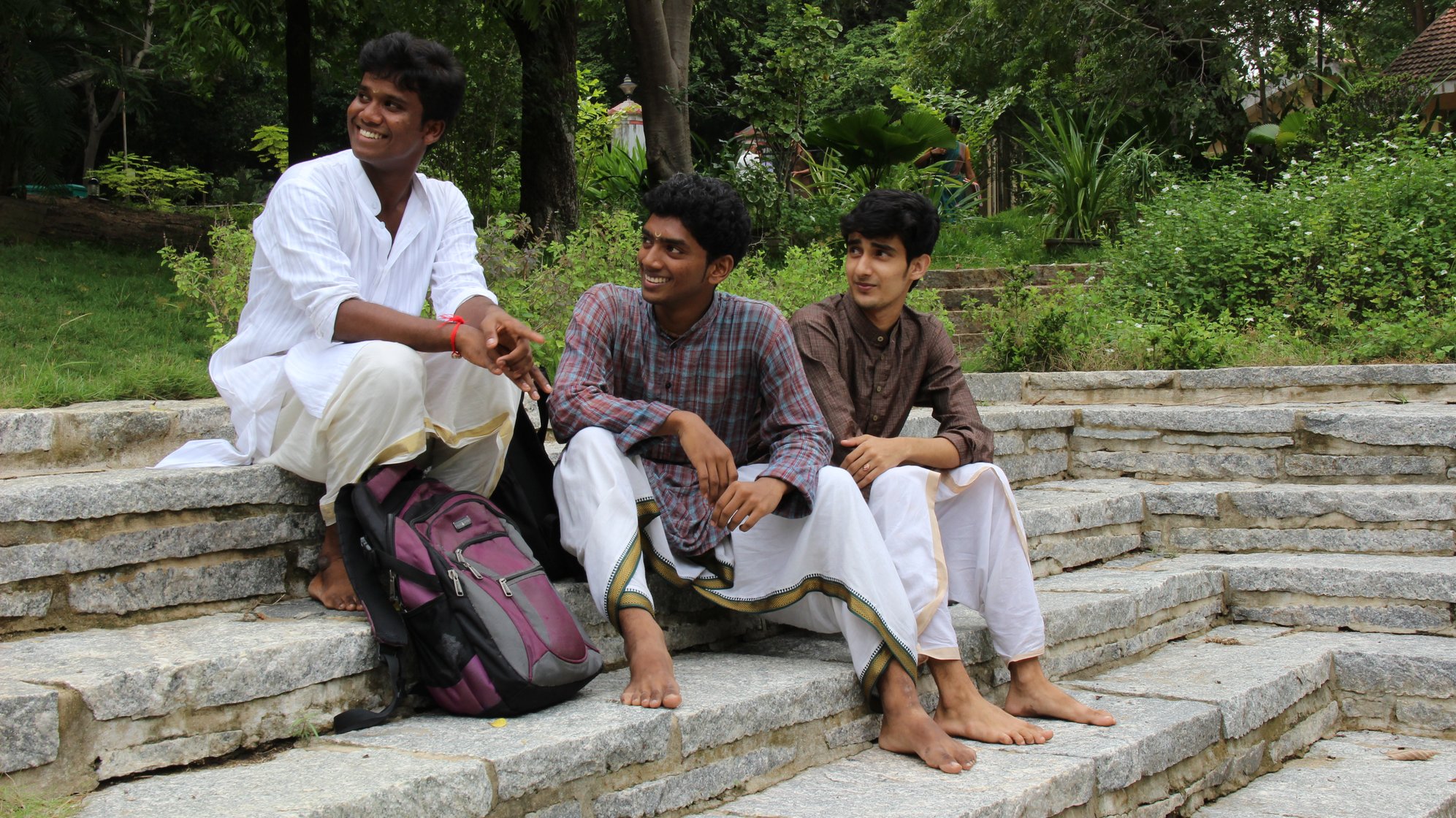 Between classes, Kali with his friends, at Kalakshetra's beautiful, green campus