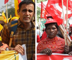 A sea of yellow and red flags flutter in the wind as women and men march together in protest. 

