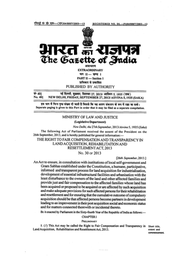 The Right to Fair Compensation and Transparency in Land Acquisition, Rehabilitation and Resettlement Act, 2013